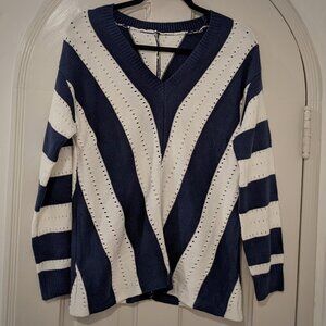 Navy & White Sailor Stripe / Rugby Stripe V-Neck Pointelle Knit Sweater, Sz M